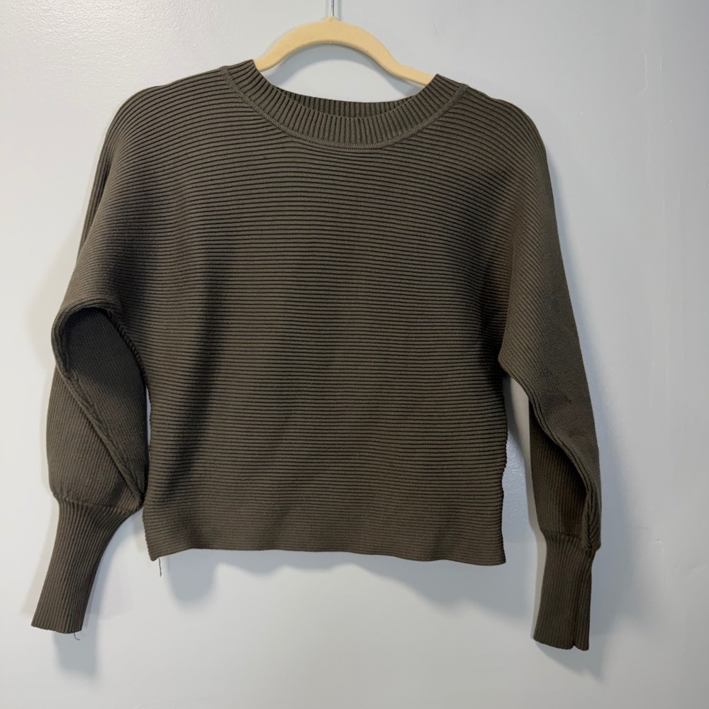 Pink Rose Womens Ribbed Knit Balloon Sleeve Sweater Olive Green S PF2S23562